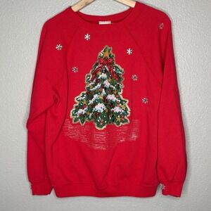 VTG 90s Handmade Christmas Tree Sweatshirt Women L Hanes USA Holiday Cozy Sequin
